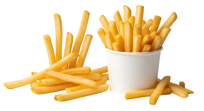 Crispy golden french fries served in a white cup isolated on transparent background - Powered by Adobe
