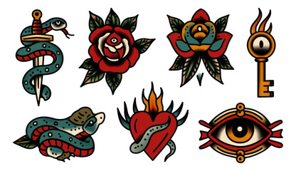 Obraz premium Vintage Tattoo Inspired Illustration of Colorful Symbols and Designs on Transparent Background