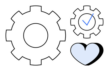 Large and small gear with check mark and heart suggest teamwork, quality, trust, and care. Ideal for themes thumbs up productivity, collaboration, quality, success emotions trust and simplicity. A