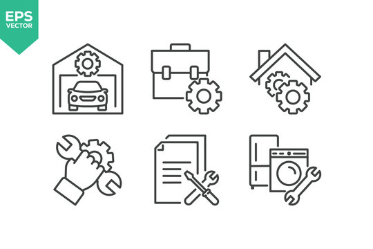 Set Of Repair Line Icons. The set includes a Maintenance, Repairman, Home Repair, Customer Service, Car Repair, Tools, Appliance Repair, and more.