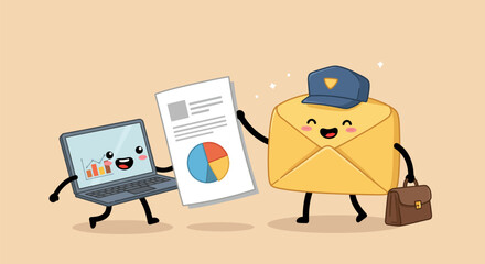Email marketing and data analysis concept with laptop and envelope characters.