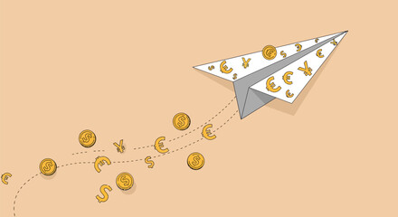 Financial Flight - Paper Airplane Soaring with Currency Symbols.