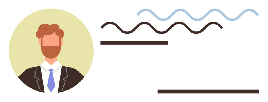Male avatar in a suit with text placeholders and wavy lines. Ideal for profile visualization, business, branding, communication, networking, identity, education and customization. Simple flat - Powered by Adobe