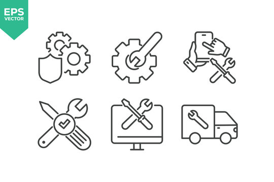 Set Of Repair Line Icons. The set includes a Maintenance, Repairman, Home Repair, Customer Service, Car Repair, Tools, Appliance Repair, and more. - Powered by Adobe