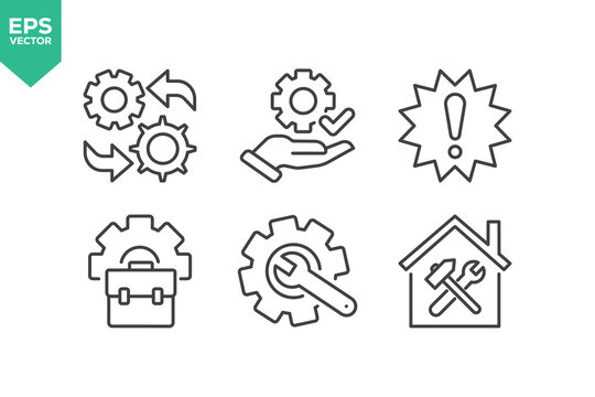 Set Of Repair Line Icons. The set includes a Maintenance, Repairman, Home Repair, Customer Service, Car Repair, Tools, Appliance Repair, and more.