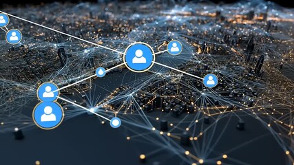 Digital network connections over a cityscape at night showcasing data flow and connectivity - Powered by Adobe