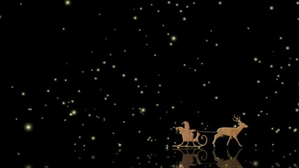 Golden silhouette of reindeer pulling Santa sleigh on black background with glowing particles. Luxurious Christmas animation ideal for holiday greeting, festive intro, or elegant celebration theme. - Powered by Adobe