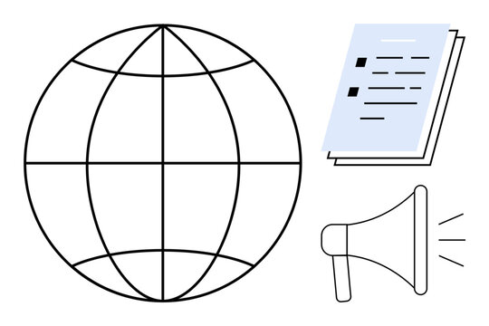 Globe outline, stack of papers, and megaphone represent worldwide communication, content sharing, public relations, digital media, global business, education presentations. Simple flat metaphor