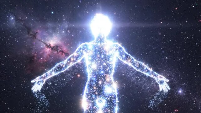 A spiritual human body silhouette made of stars and nebula in the vast outer space