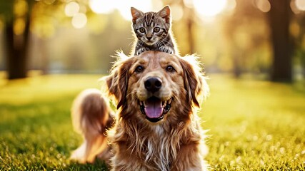 Mixed breed cats and dog gather happily in lush green grass, showcasing interspecies harmony and playfulness, perfect for pet adoption or animal welfare advertisements and emotional storytelling.