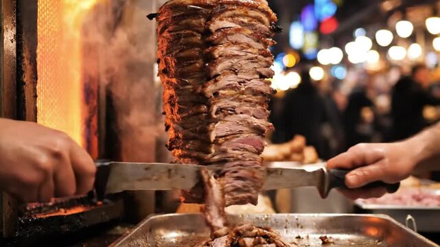 Slicing delicious shawarma at bustling street food market vibrant atmosphere culinary delight close-up view