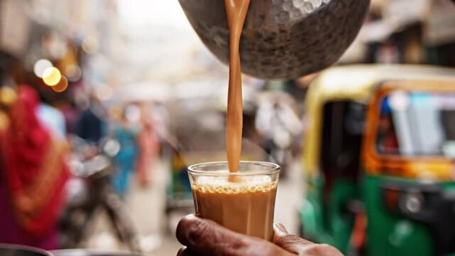 Pouring chai tea in busy market street food culture urban india vibrant atmosphere close-up view