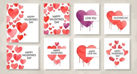 Collection of watercolor hearts in red, pink, and purple for Valentine's Day greeting cards.