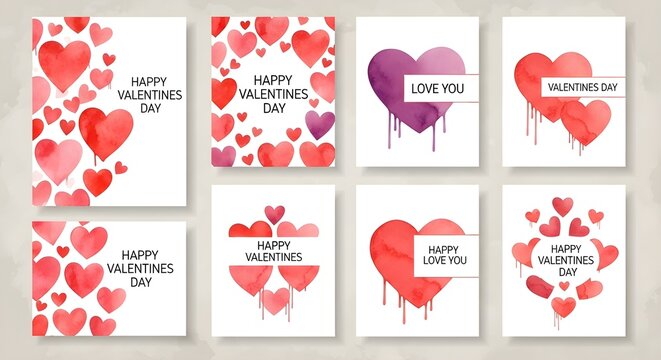 Collection of watercolor hearts in red, pink, and purple for Valentine's Day greeting cards.
