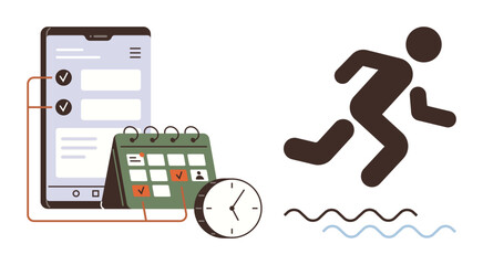 Mobile app interface with task list, calendar for planning, and clock icon paired with running figure over waves. Ideal for productivity, organization, fitness, goal setting, scheduling, routine