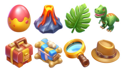 Colorful Cartoon Adventure Icons including Egg, Volcano, Leaf, and Dinosaur