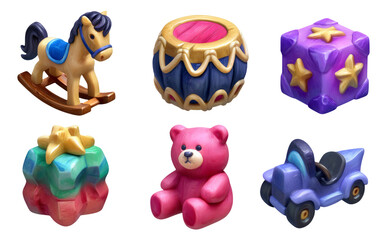 Obraz premium Colorful Toy Illustrations Featuring Rocking Horse, Drum, and Teddy Bear on Transparent Background