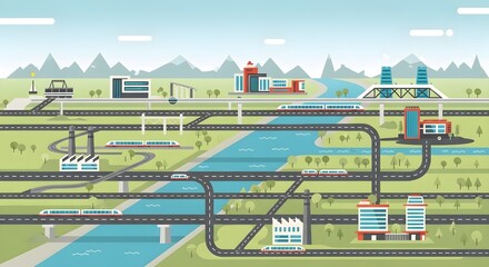 Expansive urban landscape illustration showcasing diverse transportation networks, buildings, and natural elements under a blue sky.
