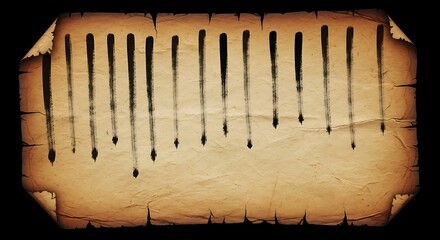 Old parchment with ancient ink marks, mysterious vertical lines, aged manuscript texture, vintage historical background, archaeology document.
