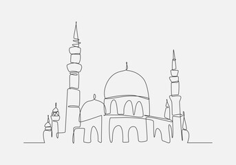 Mosque in continuous one line drawing. Editable line. Vector illustration.