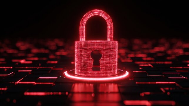 Digital Representation of Ransomware Attack Featuring Glowing Red Padlock on a Cyber Background