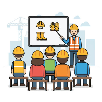 A construction worker explains safety equipment to a group of trainees, emphasizing the importance of protection on the job site for a safe workplace.