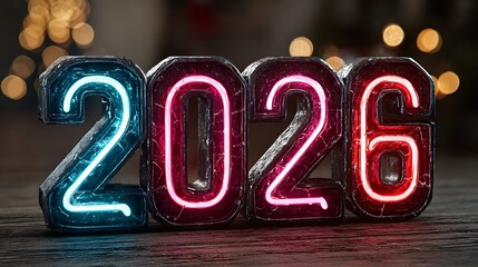 The year 2026 is displayed in large, illuminated neon numbers with a blue glow on the left and a pink glow on the right.