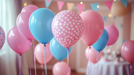 Pastel balloons adorn a room, celebrating a happy occasion with streamers