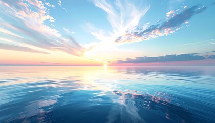 Obraz premium Serene Sunset Over Calm Ocean Waters with Reflective Sky and Clouds.
