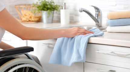 Person in wheelchair cleaning kitchen counter surface