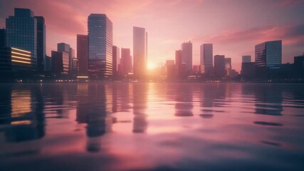 City skyline at sunset with water reflection. Modern metropolis cityscape with beautiful pink sky at dawn or dusk. - Powered by Adobe