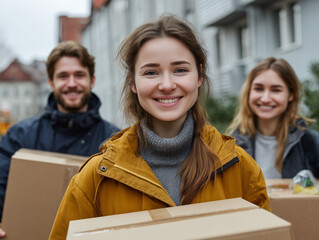 Happy friends carrying cardboard boxes after moving to new apartment