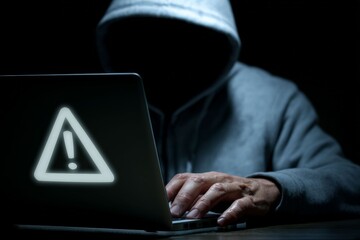 Digital Intrusion: A hooded figure hunched over a laptop, with a warning icon on screen, embodies the clandestine world of digital risks and cyberthreats. The scene evokes a sense of stealth.