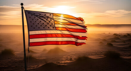 Sunset Scene With United States Flag Over Water and Rocks.
