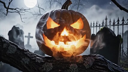 Spooky jackolantern carved pumpkin with glowing eyes sits on a creepy tree branch in a foggy graveyard setting during Halloween season