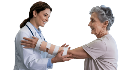 Doctor assisting a senior patient with an arm brace, symbolizing medical care and support.