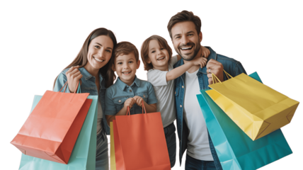 A happy family is shopping together with a lot of colorful shopping bags.