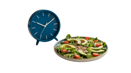 Clock and healthy salad are on the table