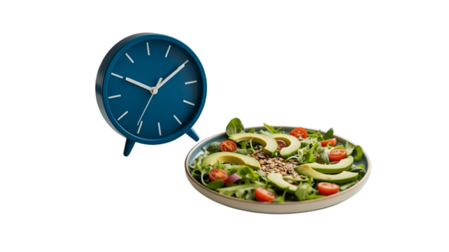 Clock and healthy salad are on the table