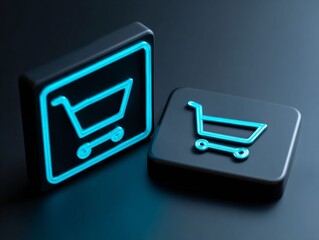Digital Cart Icons: Modern cart icons glow against a dark backdrop. Illustrating the ease of online shopping and the seamless path to checkout in the digital age. 