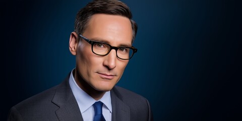 Elegant Business Portrait: A composed individual in professional attire, sporting spectacles, and an air of confidence stands against a sophisticated dark backdrop.
