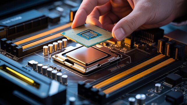 Hand installing a processor on a computer motherboard.