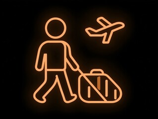 Onward Journey: A traveler depicted as an icon, embarking on a trip with luggage and airplane soaring overhead, against a stark backdrop, hinting at adventure.