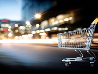 Shopping Cart in the City: A solitary shopping cart glides along a blurred urban street at dusk, capturing the essence of consumerism and city life.