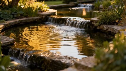 Medium shot shows a tranquil water feature in a garden its flowing streams and ponds enhancing ambiance while reducing ambient noise for serene enjoyment.