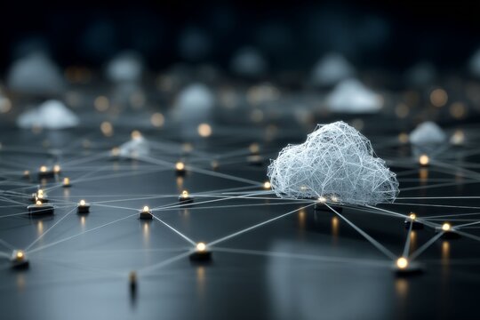 Cloud Network: An evocative image of cloud computing technology, illustrating interconnected data and the digital cloud, captured with photorealistic precision.