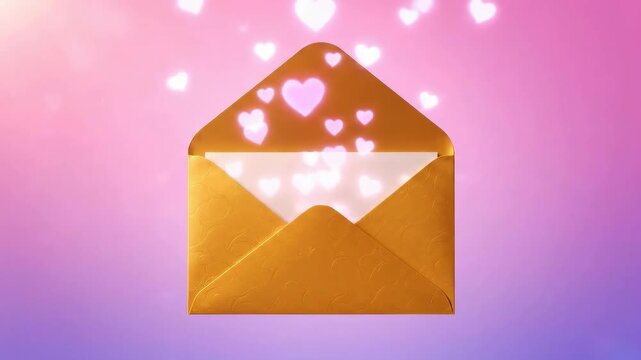 Sealed with Love: A golden envelope opens, revealing a shower of glowing hearts, symbolizing affection and tender sentiments. It is a visual representation of love and warmth.