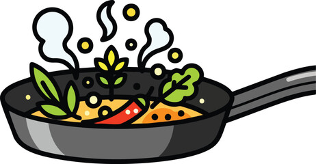 Cartoon Style Hot Pan With Food Steam and Vegetables Cooking With Red Chili Pepper