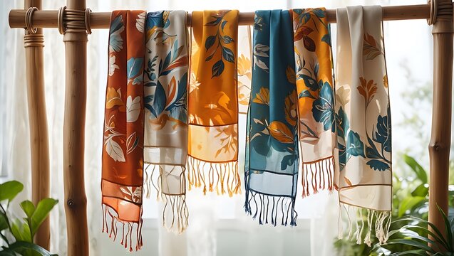 Colorful Floral Scarves Hanging on Bamboo Rack for Fashion Accessories