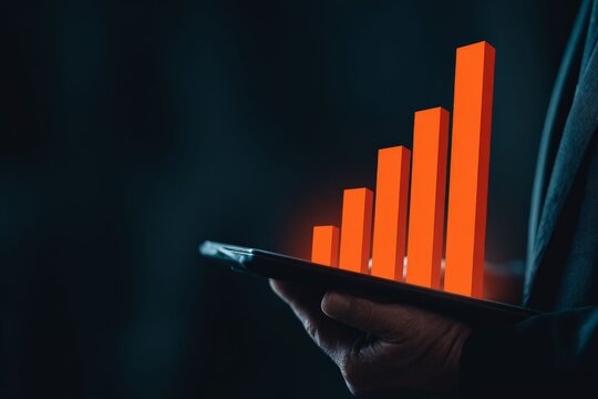 Financial Ascent: An individual holds a digital tablet displaying an ascending bar graph, a powerful visual of growth, progress, and financial success.